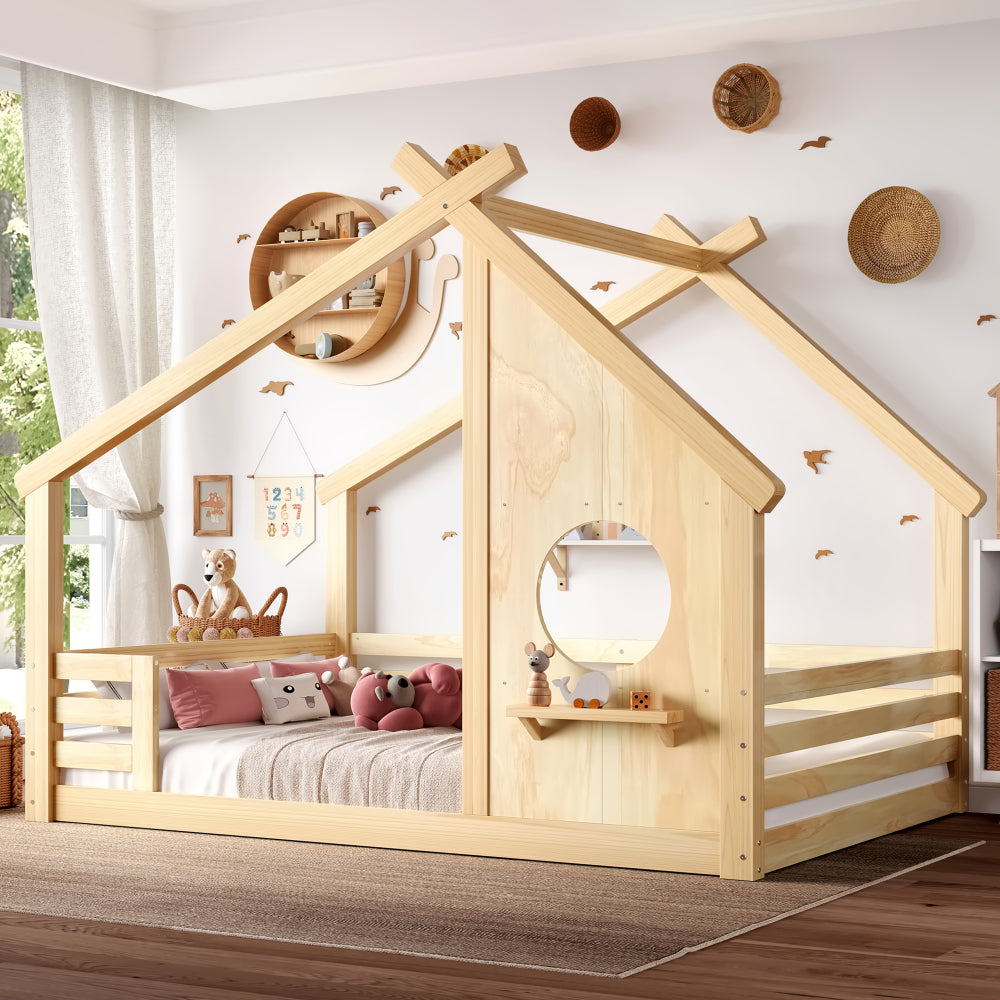 Full House Floor Bed with Window and a Small Shelf, Solid Wood Floor Bed with House-shaped Roof, No Spring Box Needed,Natural