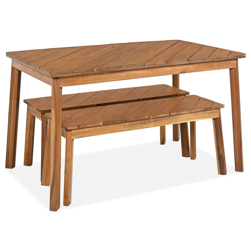 GO 3 Pieces Acacia Wood Table Bench Dining Set For Outdoor & Indoor Furniture With 2 Benches, Picnic Beer Table for Patio, Porch, Garden, Poolside, Natural