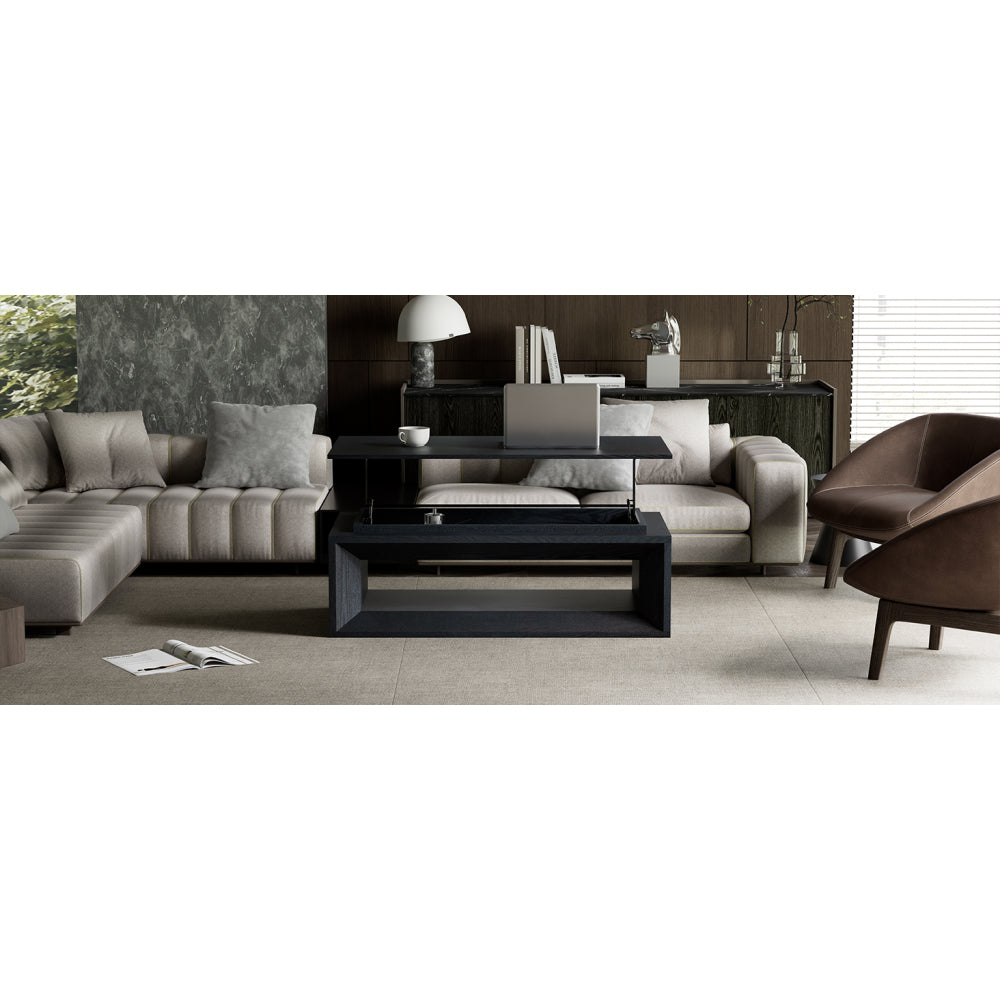 43.3'' Lift Top Rectangle Coffee Table with Storage, Modern Wood Veneer MDF Coffee Table with Floating Tabletop, Convertible Rising Tabletop for Living Room, Home Office, Black