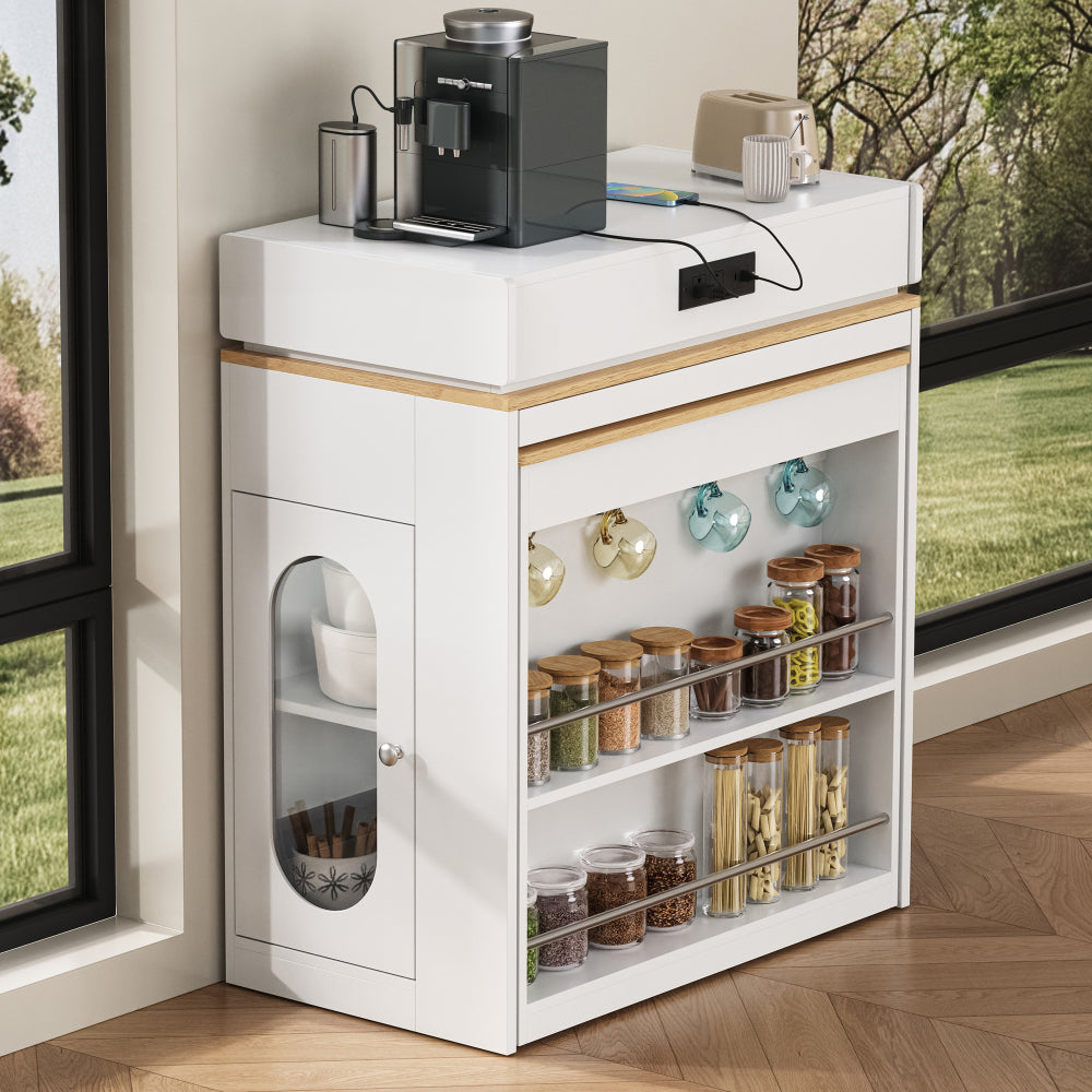 [VIDEO] TREXM Extendable Dining Table with Folding Tabletop, Bar Table with Drawers and Power Outlet, Kitchen Island with Wheels and Hooks, Sideboard for Kitchen and Dining Room (Creamy White+Natural)