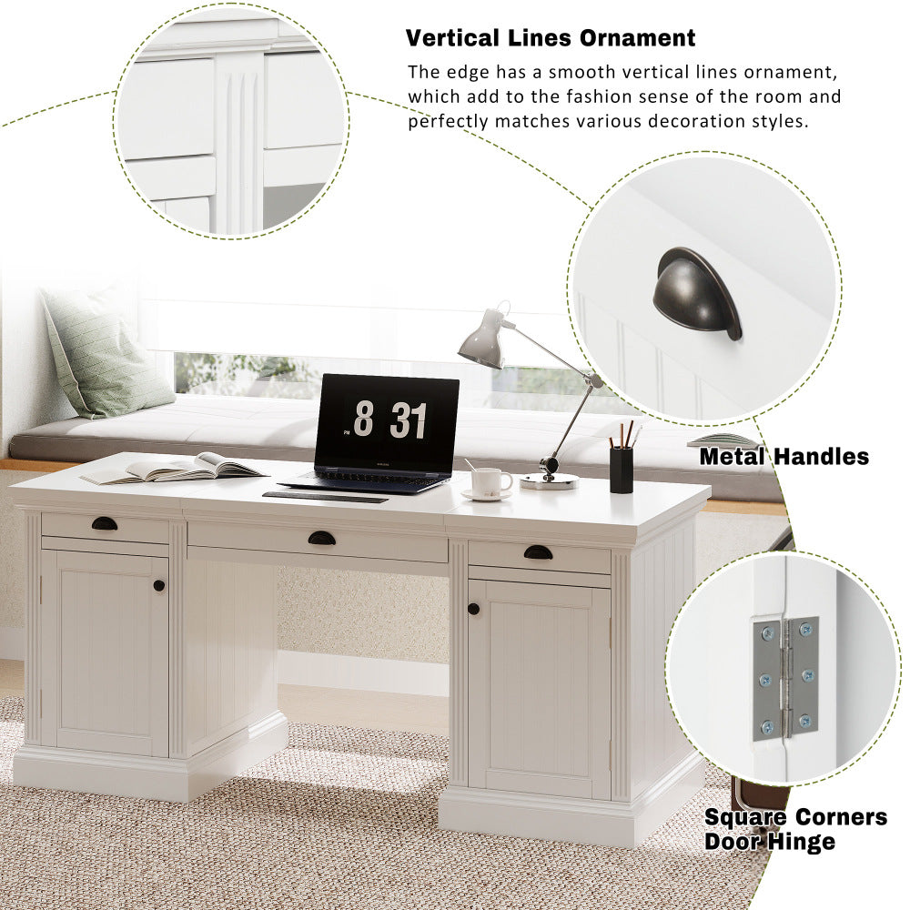 67" Modern Executive Desk,Computer Desk with 2 Glass Doors Storage Cabinet and 3 Drawers, Rectangle Home Office Desk  ,Reading Desk,Writing Table,Workstation for Home Office,Living Room,Study,White