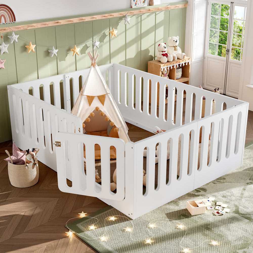 Queen Size Floor Bed with High Fence for Kids, Solid Wood Kids Montessori Bed with Door, low-profile and No Box Spring Needed Design, White.(Patent Protection)