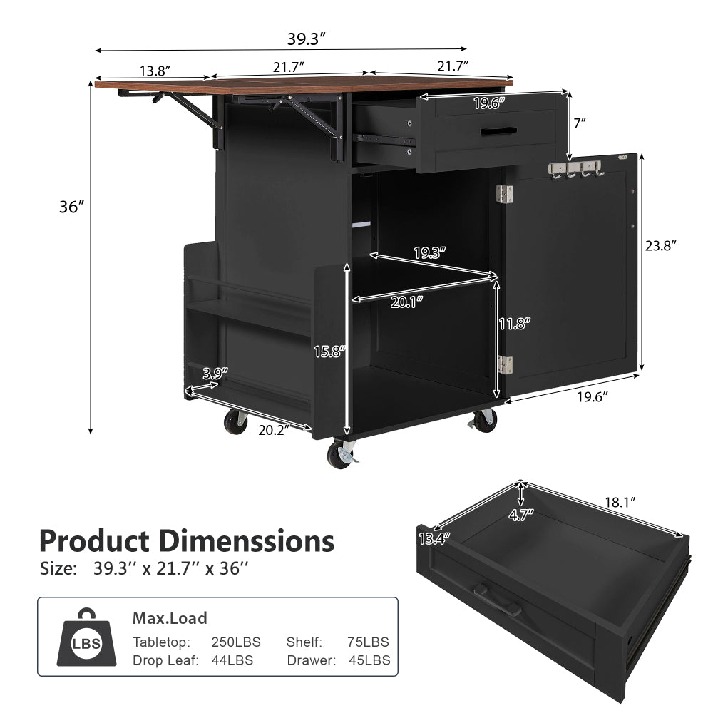 K&K 39.3" Farmhouse Kitchen Island with Drop Leaf, Kitchen Storage Island with Open Side Rack, One Drawer, Towel Rack, Rolling Kitchen Cart with Lockable Wheels for Lawn Garden, Black