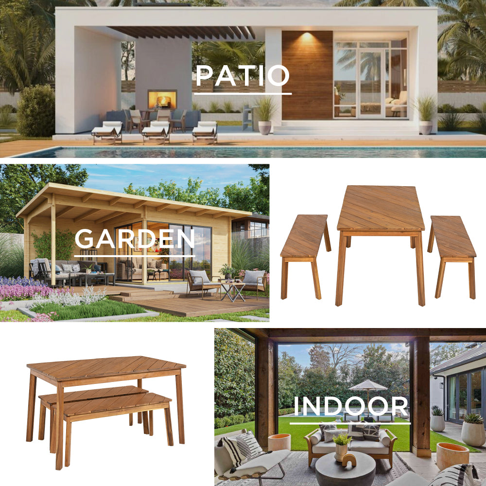 GO 3 Pieces Acacia Wood Table Bench Dining Set For Outdoor & Indoor Furniture With 2 Benches, Picnic Beer Table for Patio, Porch, Garden, Poolside, Natural