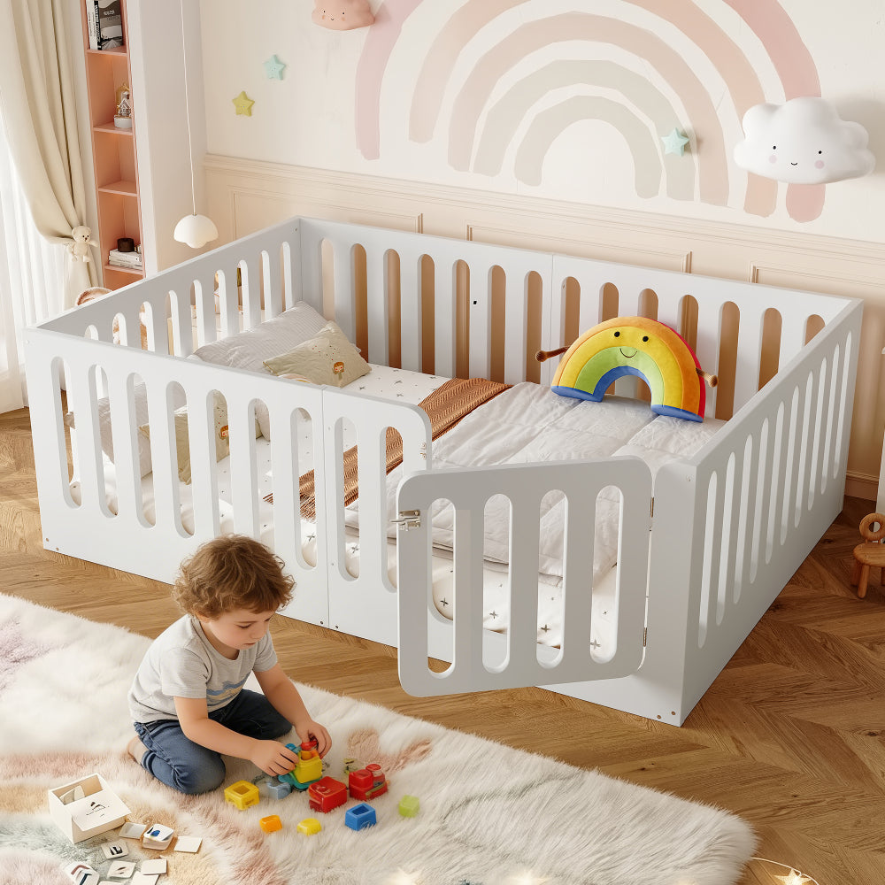 Queen Size Floor Bed with High Fence for Kids, Solid Wood Kids Montessori Bed with Door, low-profile and No Box Spring Needed Design, White.(Patent Protection)