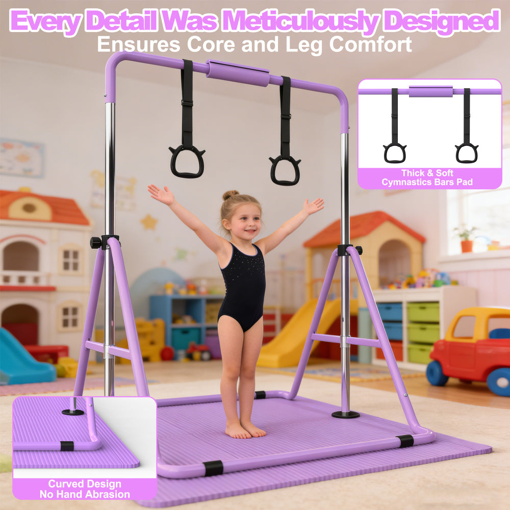 Gymnastics Bar for Kids, Gymnastics Horizontal Bar with Adjustable Height Foldable Training Bar with Mat for Home Practice