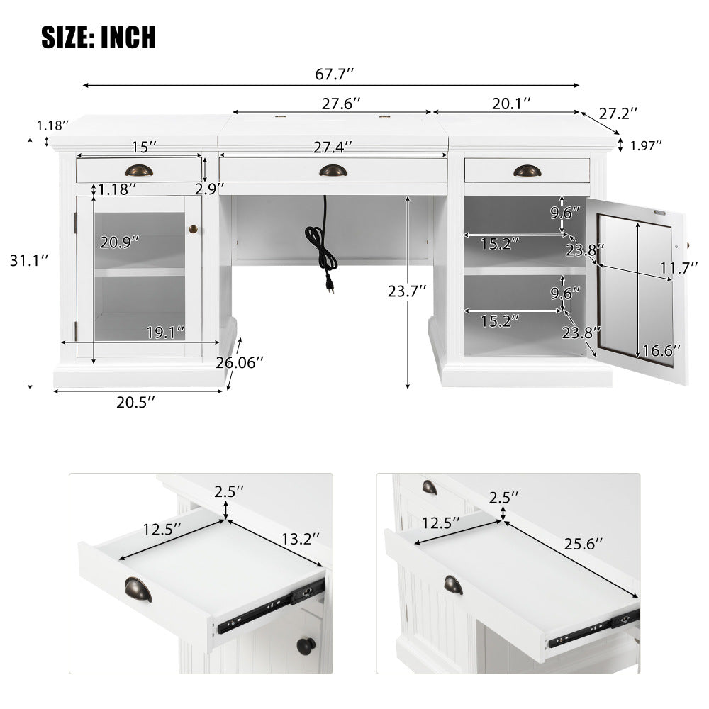 67" Modern Executive Desk,Computer Desk with 2 Glass Doors Storage Cabinet and 3 Drawers, Rectangle Home Office Desk  ,Reading Desk,Writing Table,Workstation for Home Office,Living Room,Study,White