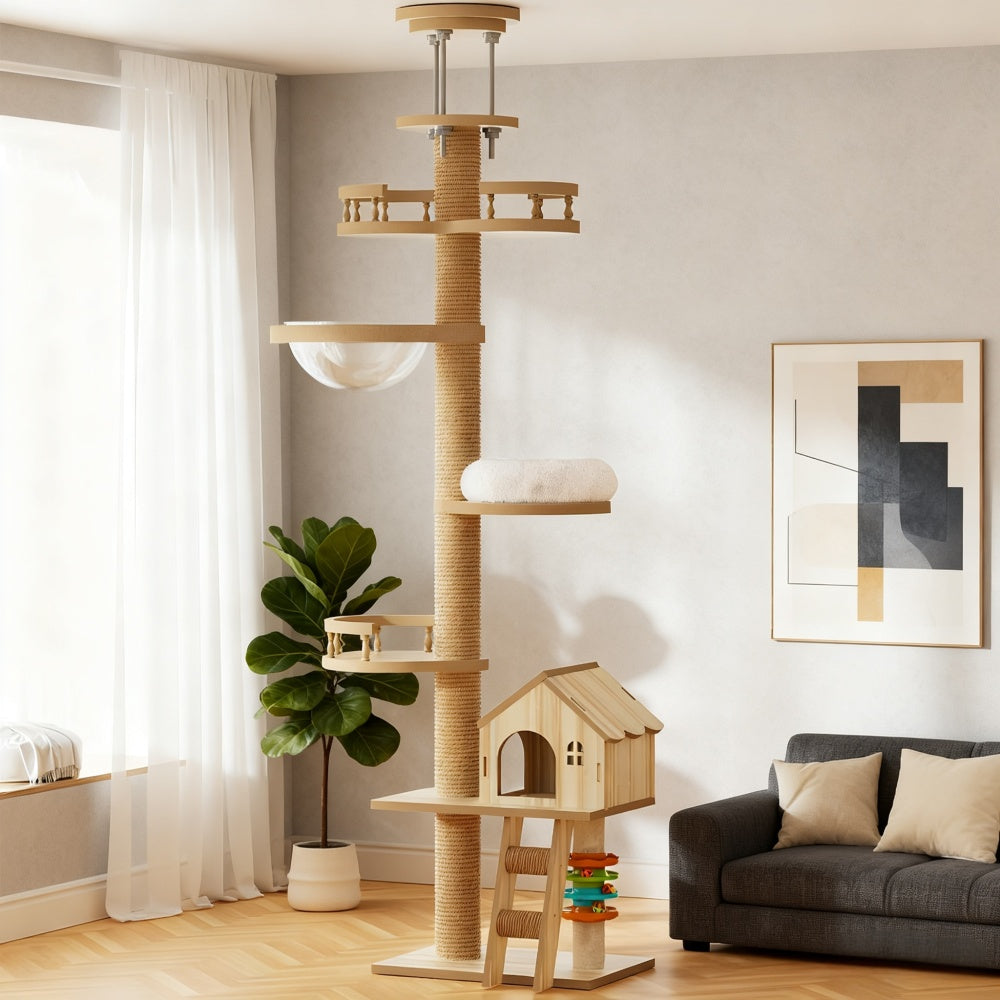 30.7" Modern Cat Tree Tower with Mushroom-Themed Cat House and Sisal Scratching Posts, Suitable for Indoor Use and Multi-Cat Households
