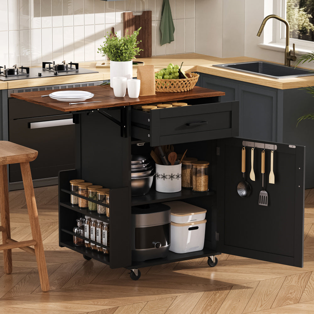 K&K 39.3" Farmhouse Kitchen Island with Drop Leaf, Kitchen Storage Island with Open Side Rack, One Drawer, Towel Rack, Rolling Kitchen Cart with Lockable Wheels for Lawn Garden, Black