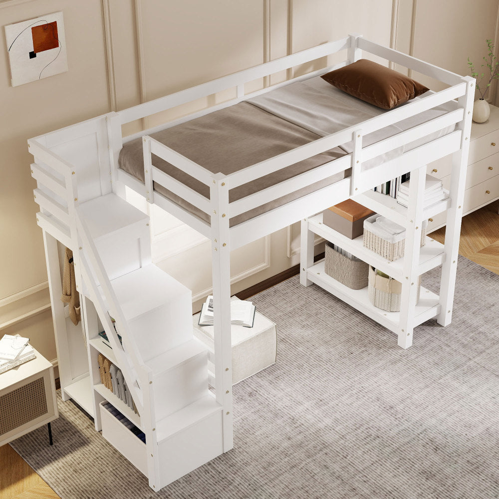 Twin Size Loft Bed with Shelves, Storage Staircase, Small Wardrobe and White LED Light, White