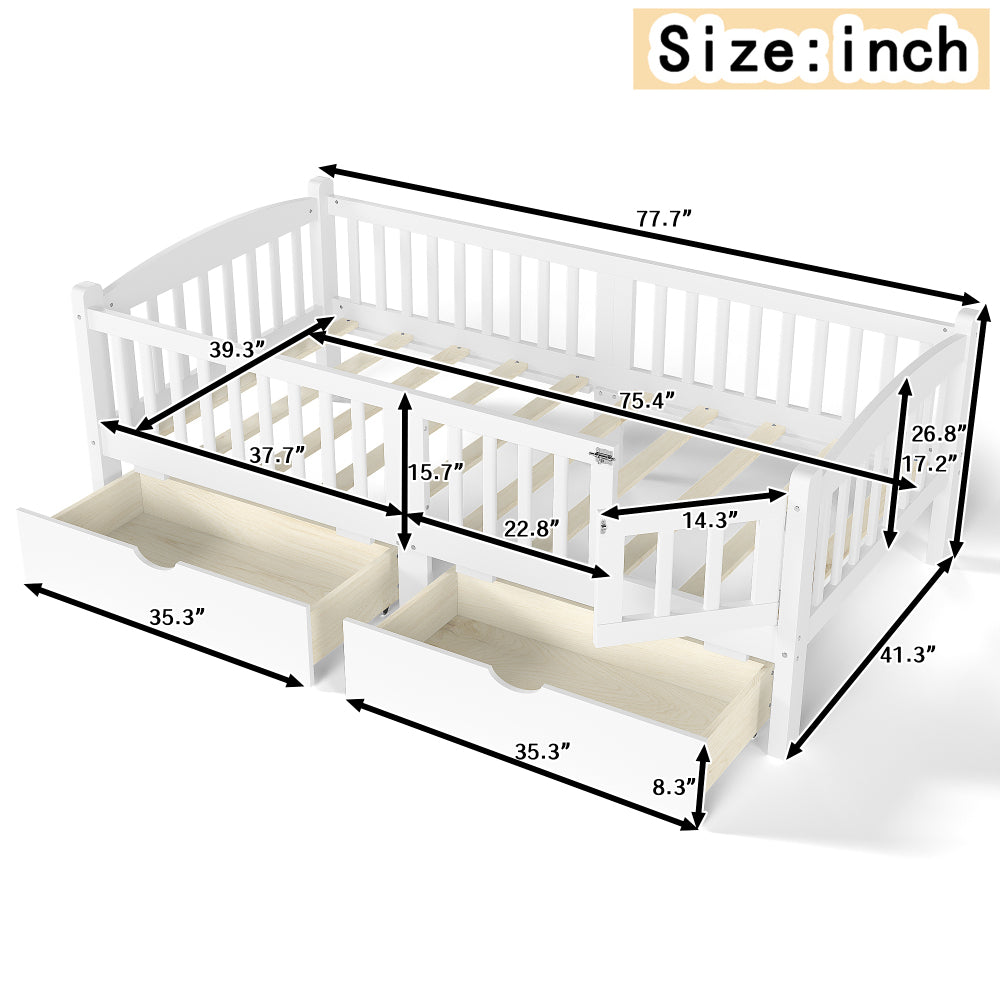 Twin Platform Bed with Full-length Guardrails, Kids Platform Bed with Storage Drawers, Childlike and Cute Headboard Design, Pink
