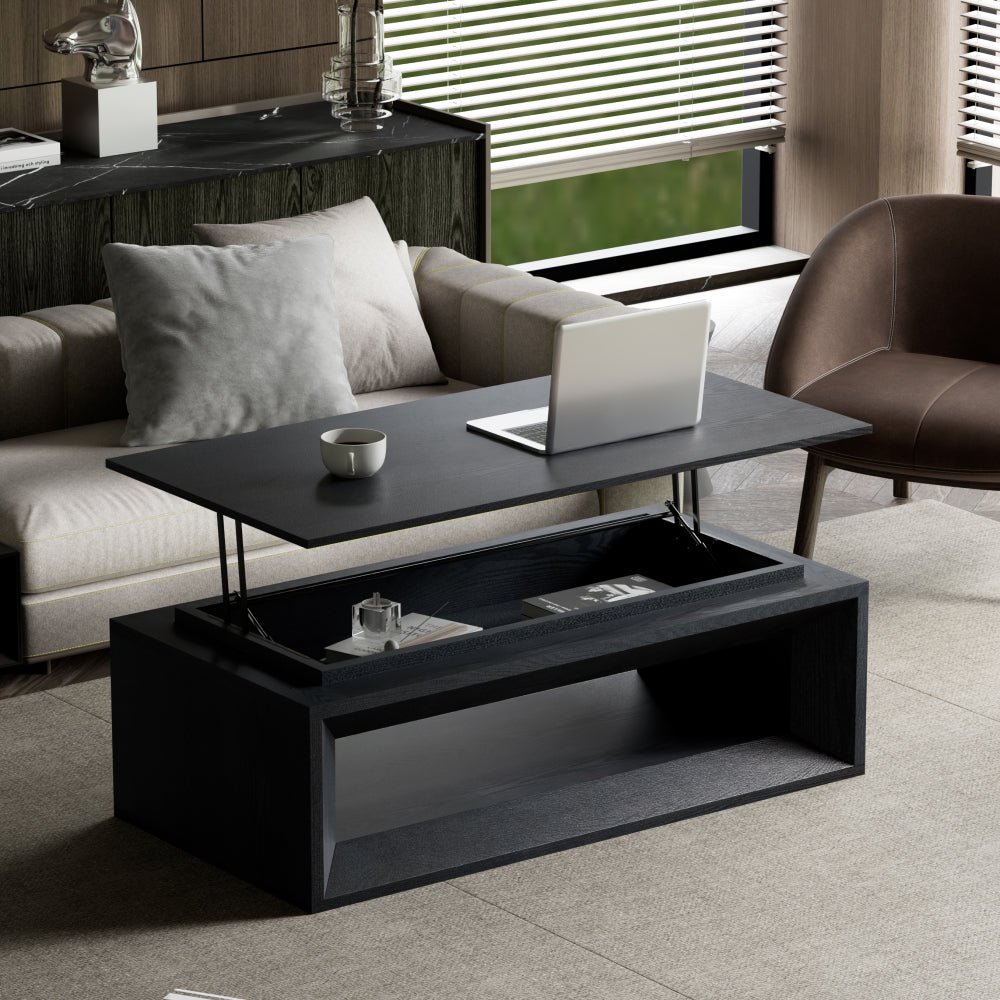 43.3'' Lift Top Rectangle Coffee Table with Storage, Modern Wood Veneer MDF Coffee Table with Floating Tabletop, Convertible Rising Tabletop for Living Room, Home Office, Black