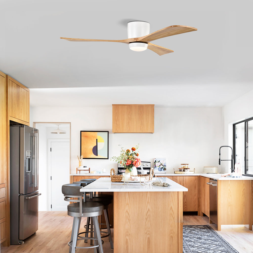 52" Flush Mount Solid Wood Blades Ceiling Fan with Lights Remote Control,Quiet DC Motor, 6 Speed ,Reversible Ceiling Fan for Patio Living Room, Bedroom, Office,Indoor.(Matte White +Natural)