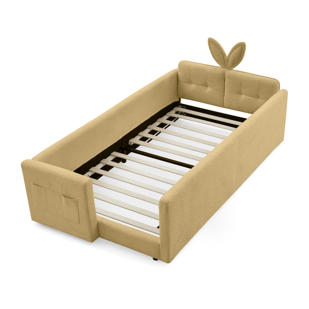Twin Size Upholstered Platform Bed with Cute Rabbit Ear Shaped Headboard, with Safety Rail and Pocket, Boucle Fabric