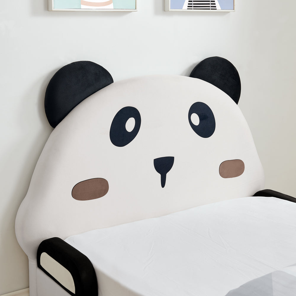 Twin Size Cute Panda-Shaped Kids Bed with Safety Soft Padded Edges, Solid Wood Toddler Bed Frame for Children for Bedroom, Velvet Fabric