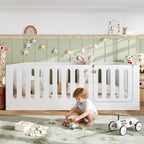 Queen Size Floor Bed with High Fence for Kids, Solid Wood Kids Montessori Bed with Door, low-profile and No Box Spring Needed Design, White.(Patent Protection)