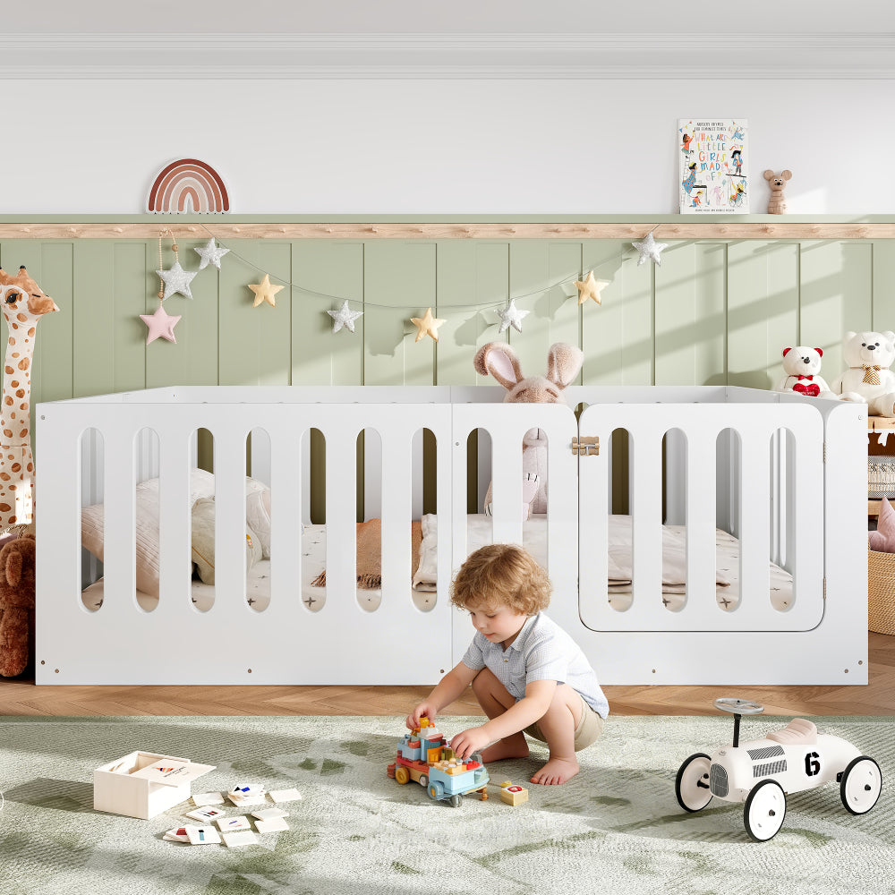 Queen Size Floor Bed with High Fence for Kids, Solid Wood Kids Montessori Bed with Door, low-profile and No Box Spring Needed Design, White.(Patent Protection)