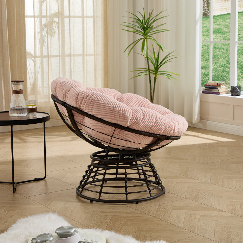Comfortable Ergonomic Wicker Papasan Chair, 360° Swivel Indoor Outdoor Rattan Chair with Soft Thick Cushion, Ideal for Living Room, Bedroom, Reading Room, Brown Frame with Pink Cushion