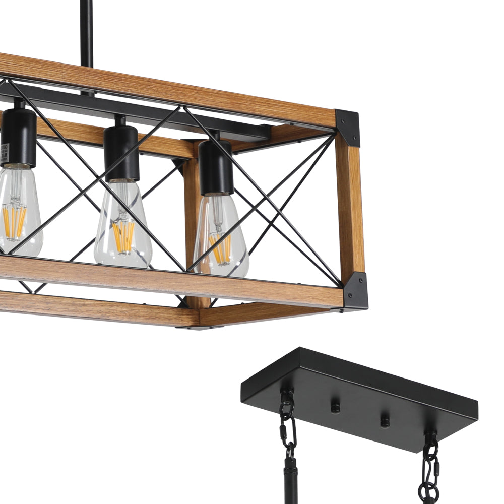 (Same as W1340111207/L1011) 32" Walnut Industrial Farmhouse Rectangle Pendant Light, 5-Light Chandelier for Dining Room, Kitchen Island, Cafe Decor (No Bulbs)