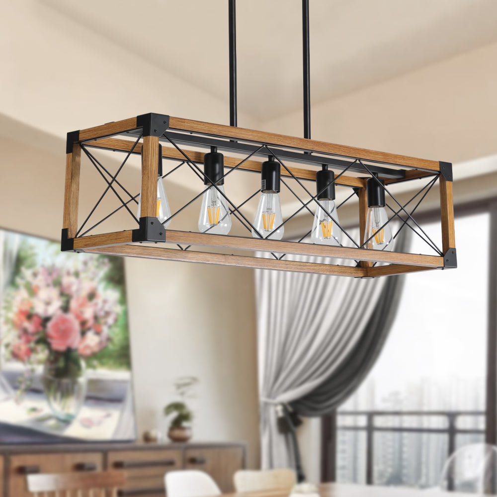 (Same as W1340111207/L1011) 32" Walnut Industrial Farmhouse Rectangle Pendant Light, 5-Light Chandelier for Dining Room, Kitchen Island, Cafe Decor (No Bulbs)