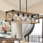 (Same as W1340111207/L1011) 32" Walnut Industrial Farmhouse Rectangle Pendant Light, 5-Light Chandelier for Dining Room, Kitchen Island, Cafe Decor (No Bulbs)
