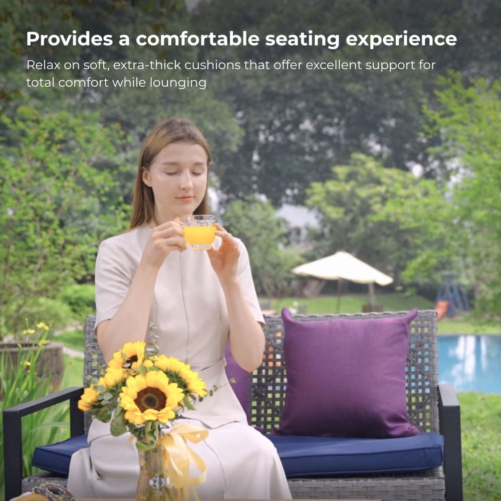 4-Piece Patio Furniture Set Outdoor Balcony Porch Garden Backyard Lawn Furniture Gray Acacia Wood Table Top, Blue Cushion and Light Gray rattan