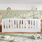 Queen Size Floor Bed with High Fence for Kids, Solid Wood Kids Montessori Bed with Door, low-profile and No Box Spring Needed Design, White.(Patent Protection)