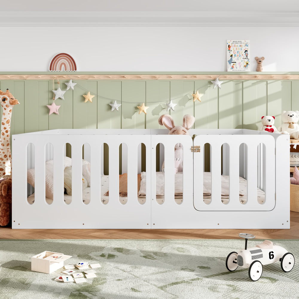 Queen Size Floor Bed with High Fence for Kids, Solid Wood Kids Montessori Bed with Door, low-profile and No Box Spring Needed Design, White.(Patent Protection)