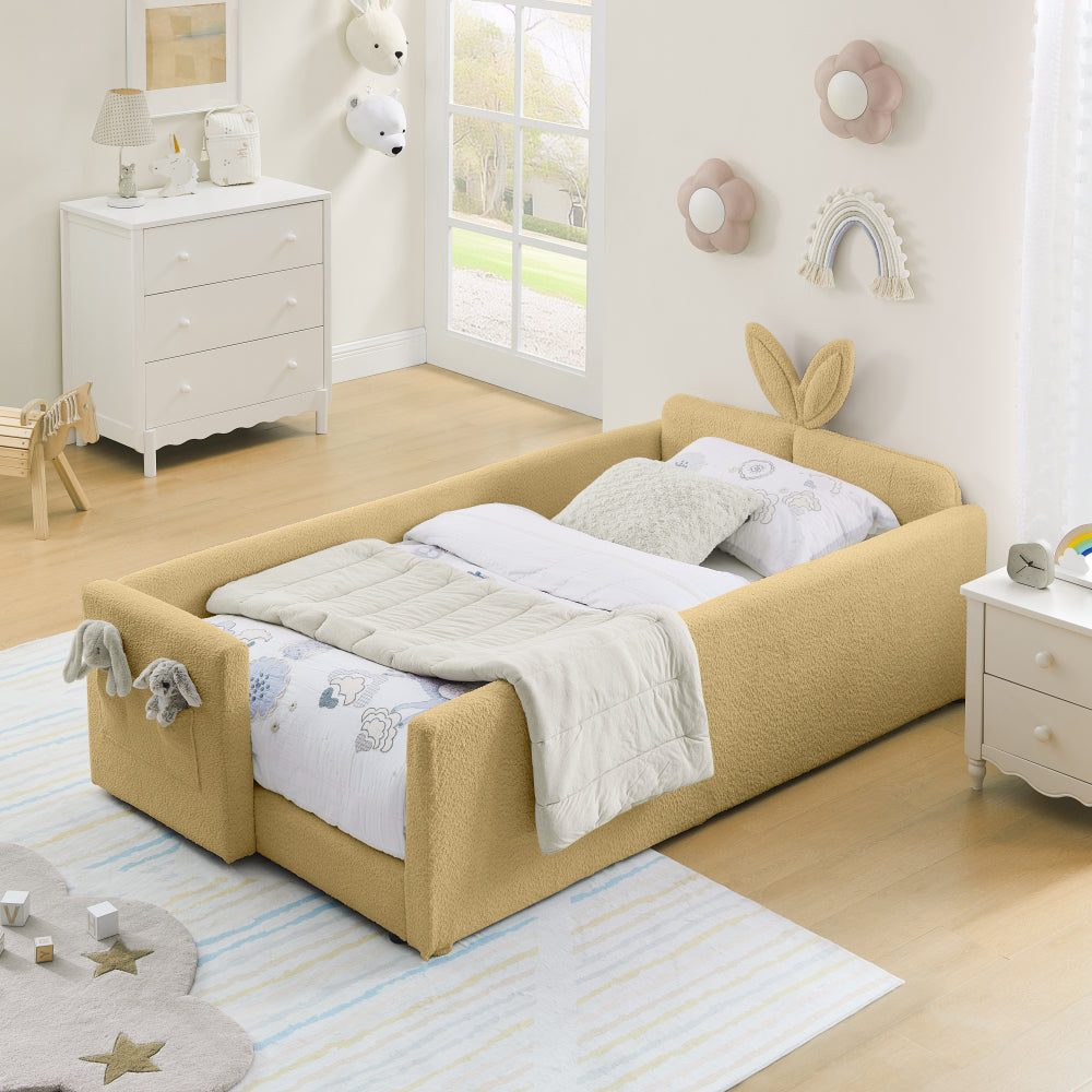 Twin Size Upholstered Platform Bed with Cute Rabbit Ear Shaped Headboard, with Safety Rail and Pocket, Boucle Fabric