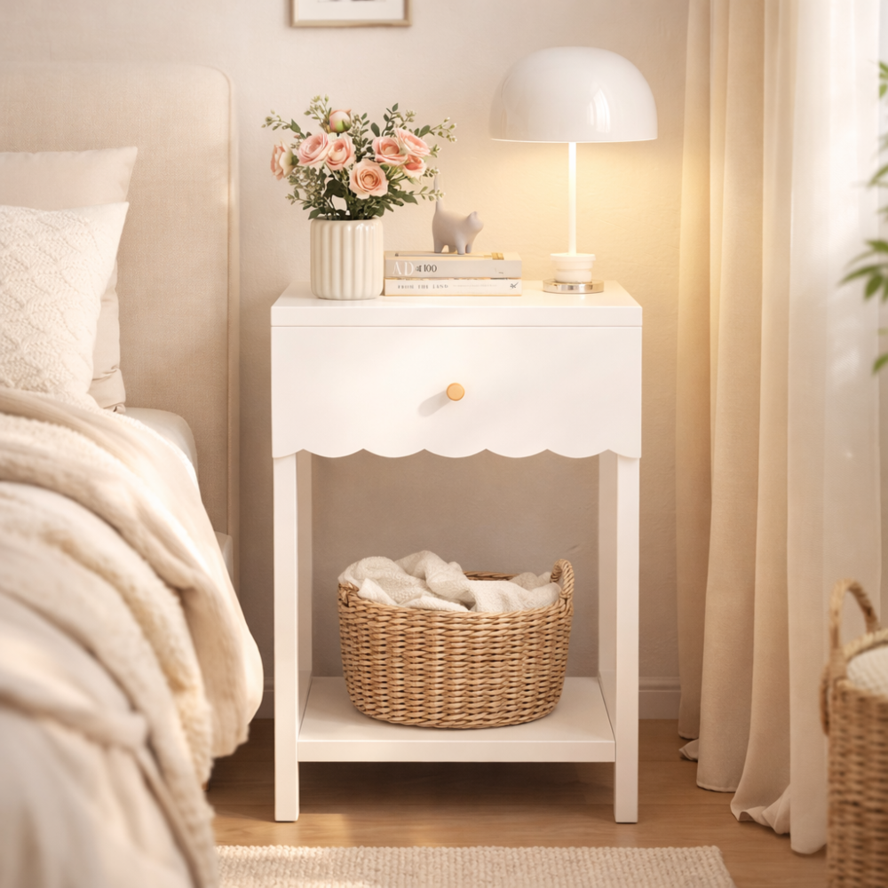 Modern White Nightstand with Drawer and Open Shelf,Scalloped Edge Bedside Table for Bedroom, Cute Minimalist Side Table for Kids Room or Girls' Room