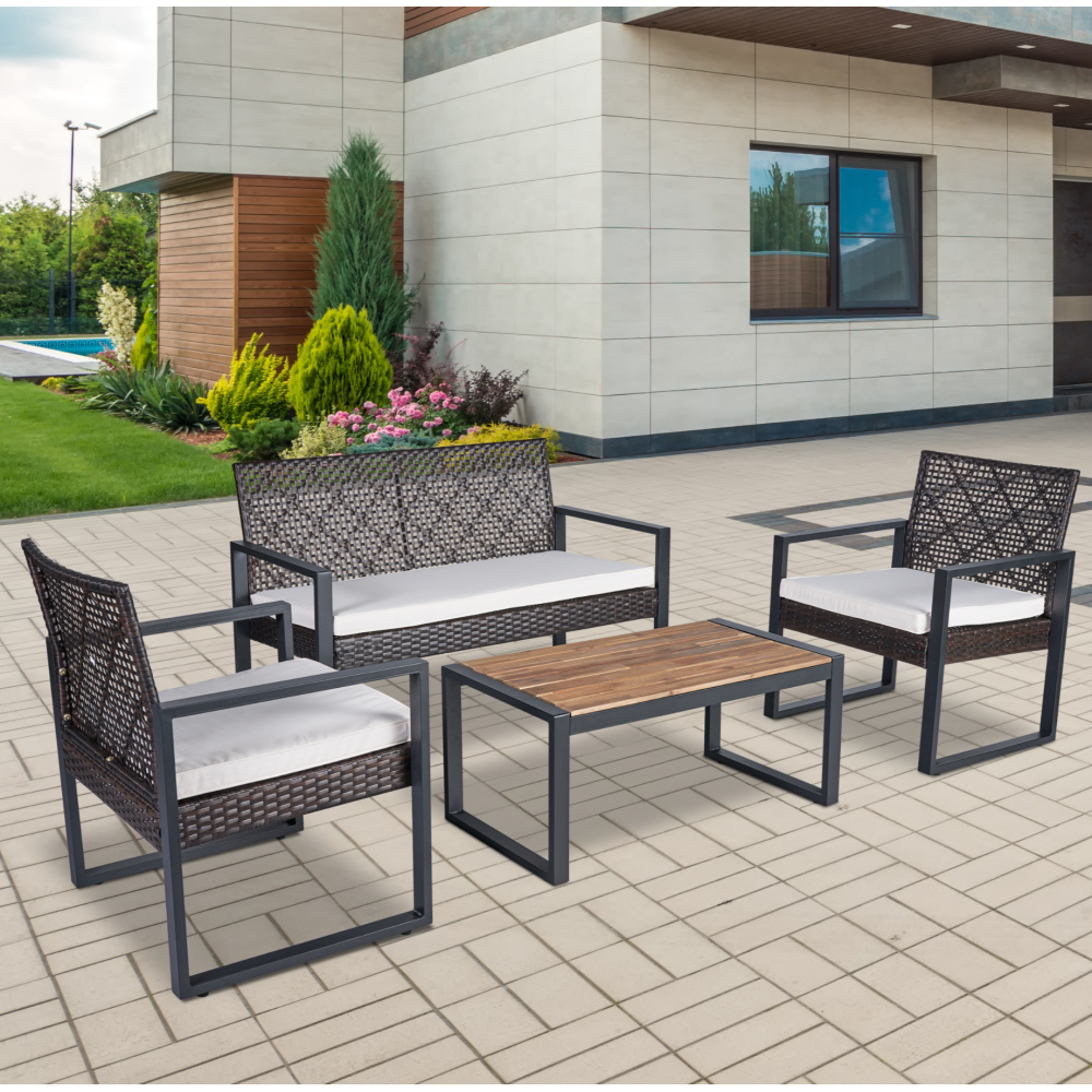 4-Piece Patio Furniture Set Outdoor Balcony Porch Garden Backyard Lawn Furniture Gray Acacia Wood Table Top, Blue Cushion and Light Gray rattan