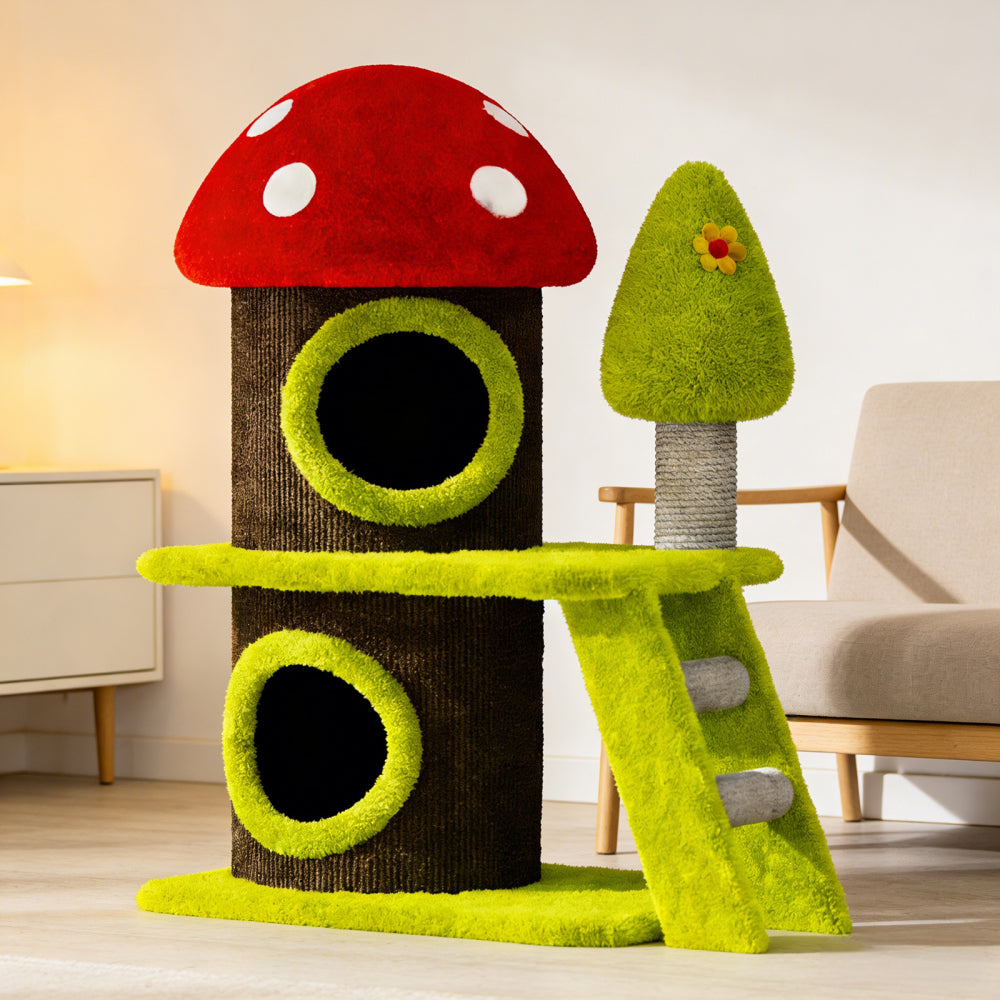 30.7" Modern Cat Tree Tower with Mushroom-Themed Cat House and Sisal Scratching Posts, Suitable for Indoor Use and Multi-Cat Households