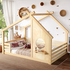 Full House Floor Bed with Window and a Small Shelf, Solid Wood Floor Bed with House-shaped Roof, No Spring Box Needed,Natural