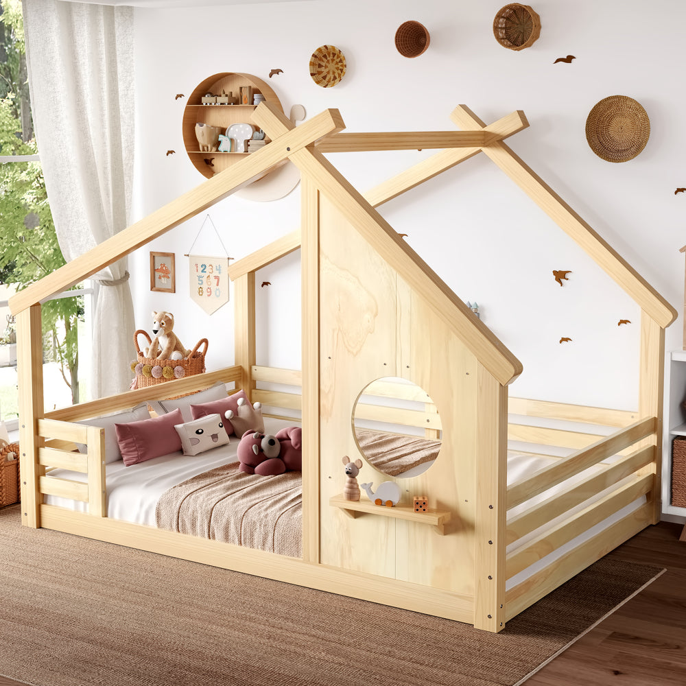 Full House Floor Bed with Window and a Small Shelf, Solid Wood Floor Bed with House-shaped Roof, No Spring Box Needed,Natural
