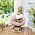 Comfortable Ergonomic Wicker Papasan Chair, 360° Swivel Indoor Outdoor Rattan Chair with Soft Thick Cushion, Ideal for Living Room, Bedroom, Reading Room, Brown Frame with Pink Cushion