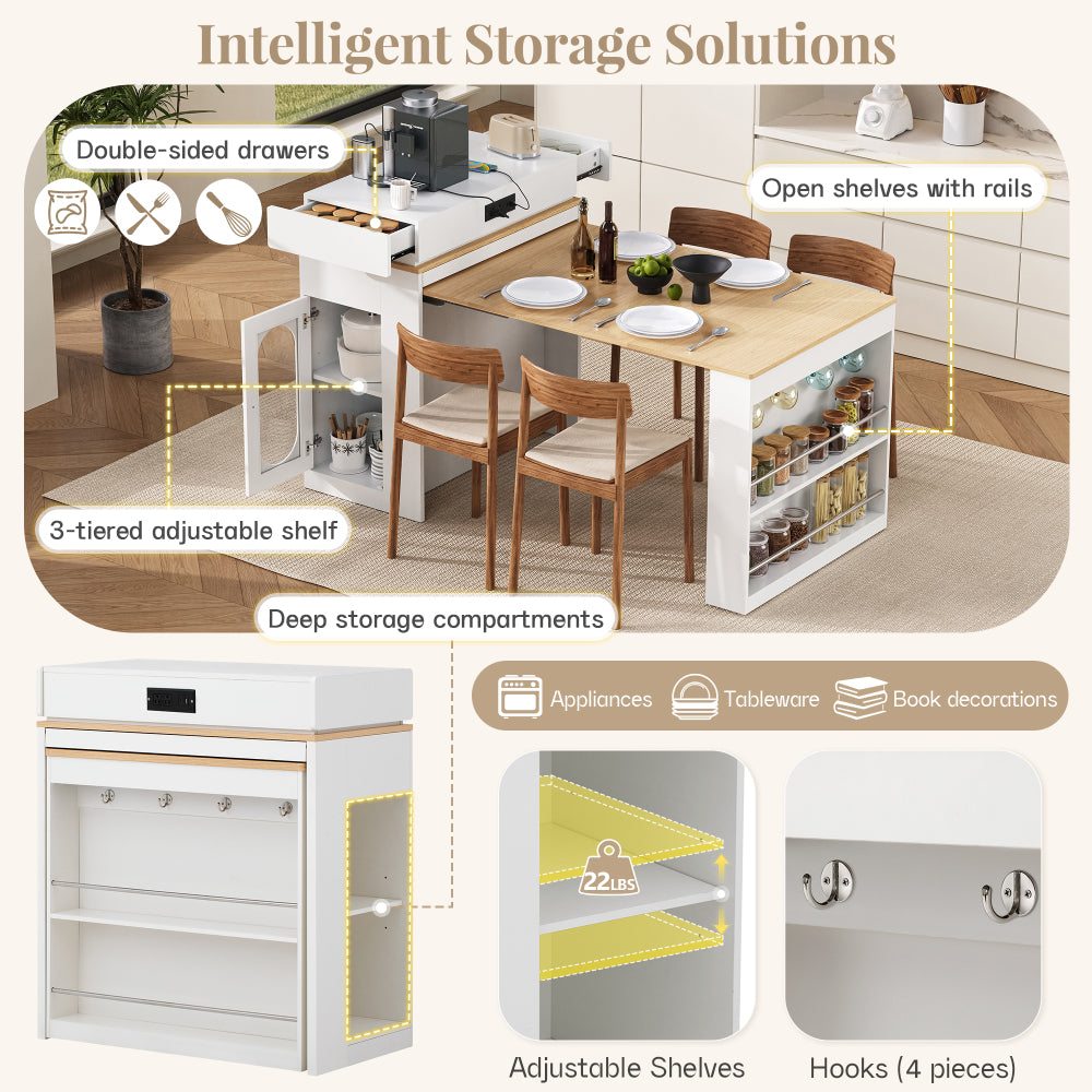 [VIDEO] TREXM Extendable Dining Table with Folding Tabletop, Bar Table with Drawers and Power Outlet, Kitchen Island with Wheels and Hooks, Sideboard for Kitchen and Dining Room (Creamy White+Natural)