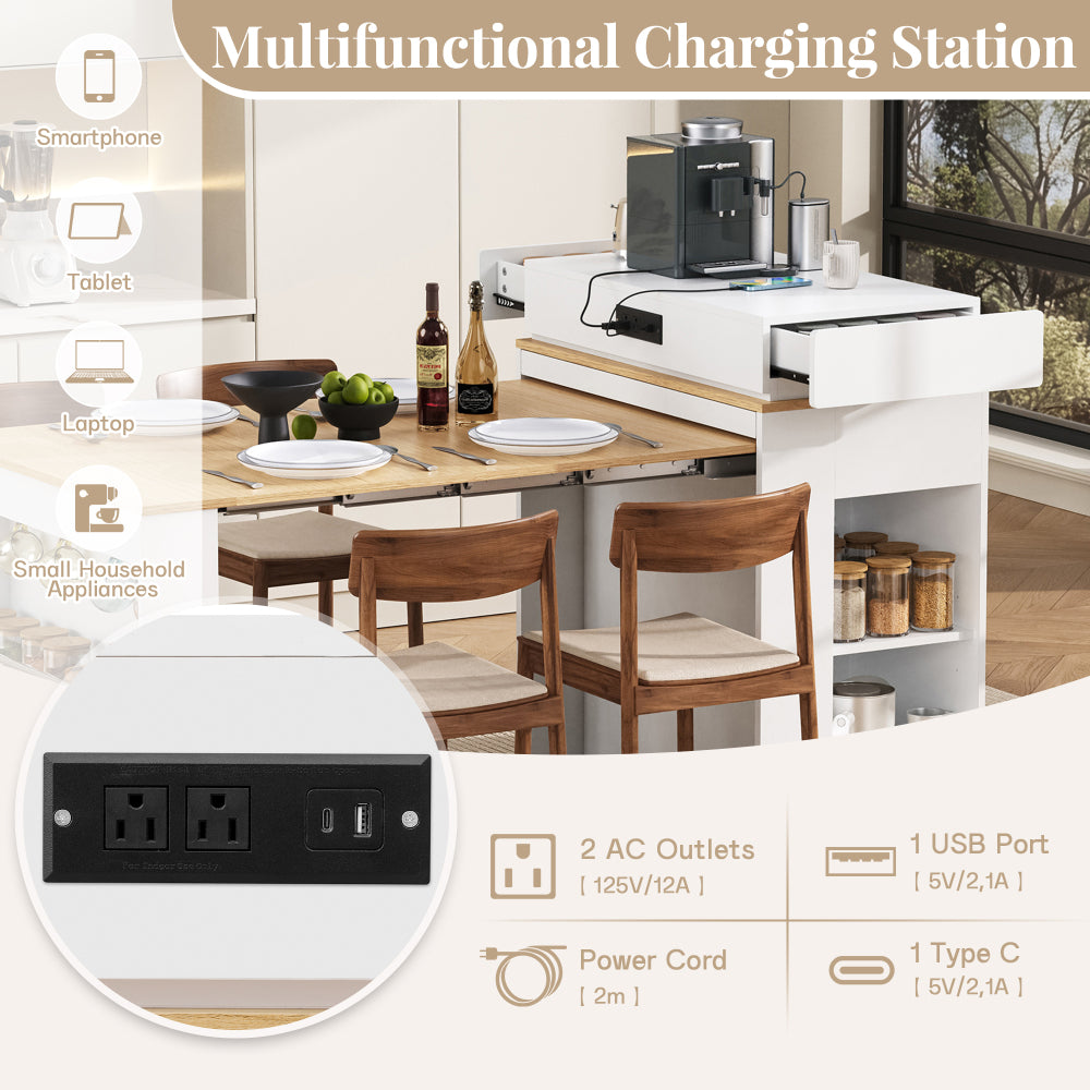 [VIDEO] TREXM Extendable Dining Table with Folding Tabletop, Bar Table with Drawers and Power Outlet, Kitchen Island with Wheels and Hooks, Sideboard for Kitchen and Dining Room (Creamy White+Natural)