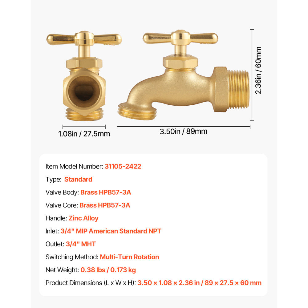 Hose Bibb 3/4" MIP x 3/4" MHT Connection Brass Outdoor Water Faucet Spigot