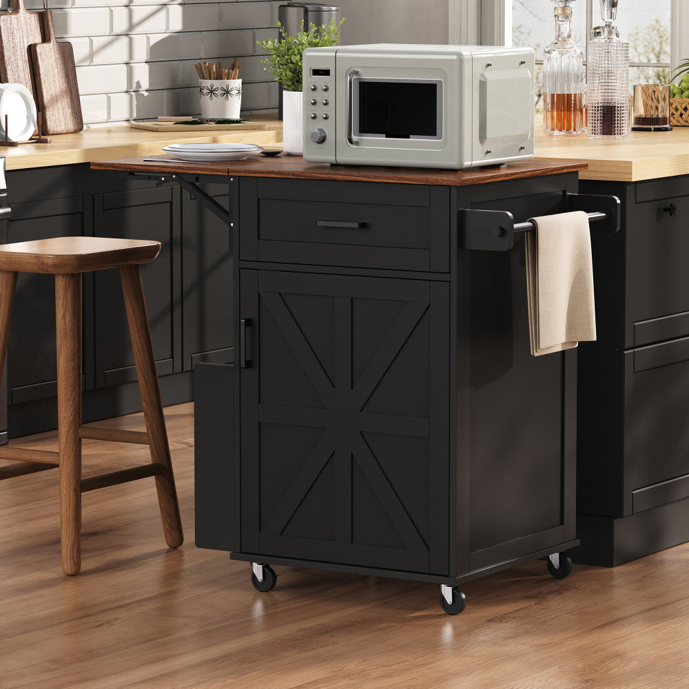 K&K 39.3" Farmhouse Kitchen Island with Drop Leaf, Kitchen Storage Island with Open Side Rack, One Drawer, Towel Rack, Rolling Kitchen Cart with Lockable Wheels for Lawn Garden, Black