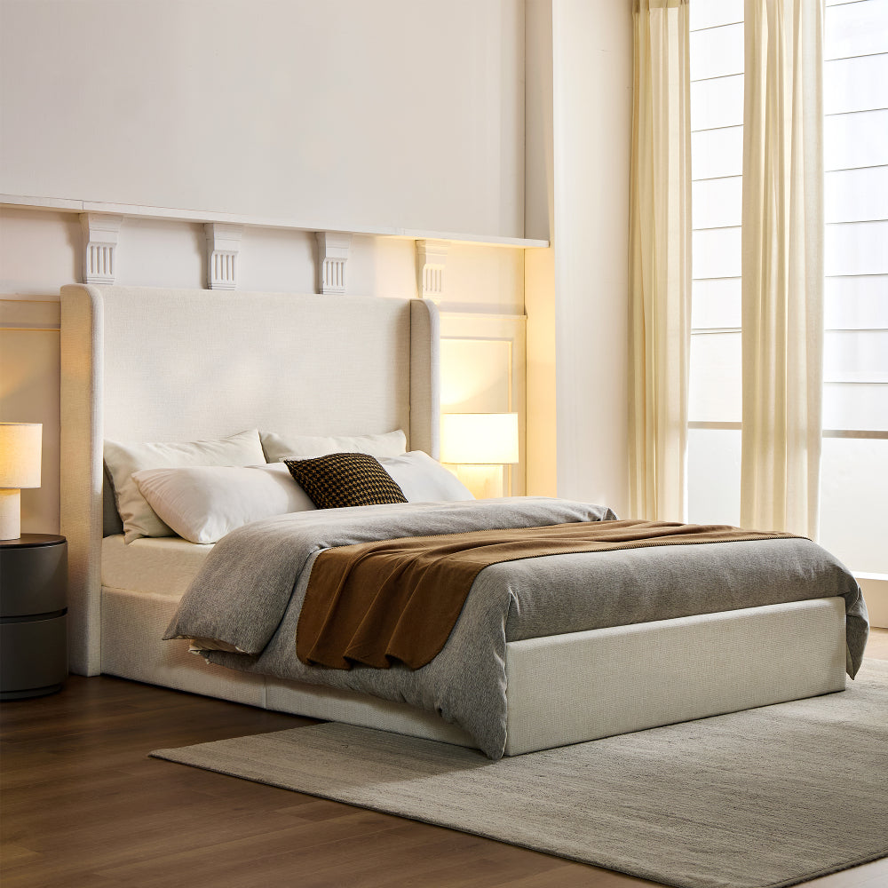 Carmen Upholstered Wingback Bed / Upholstered Platform Bed Frame / 52.3" High Headboard / Simplicity / Minimalist / No Box Spring Needed / Easy Assembly / King /  Coconut Micro Suede  /  No Noise