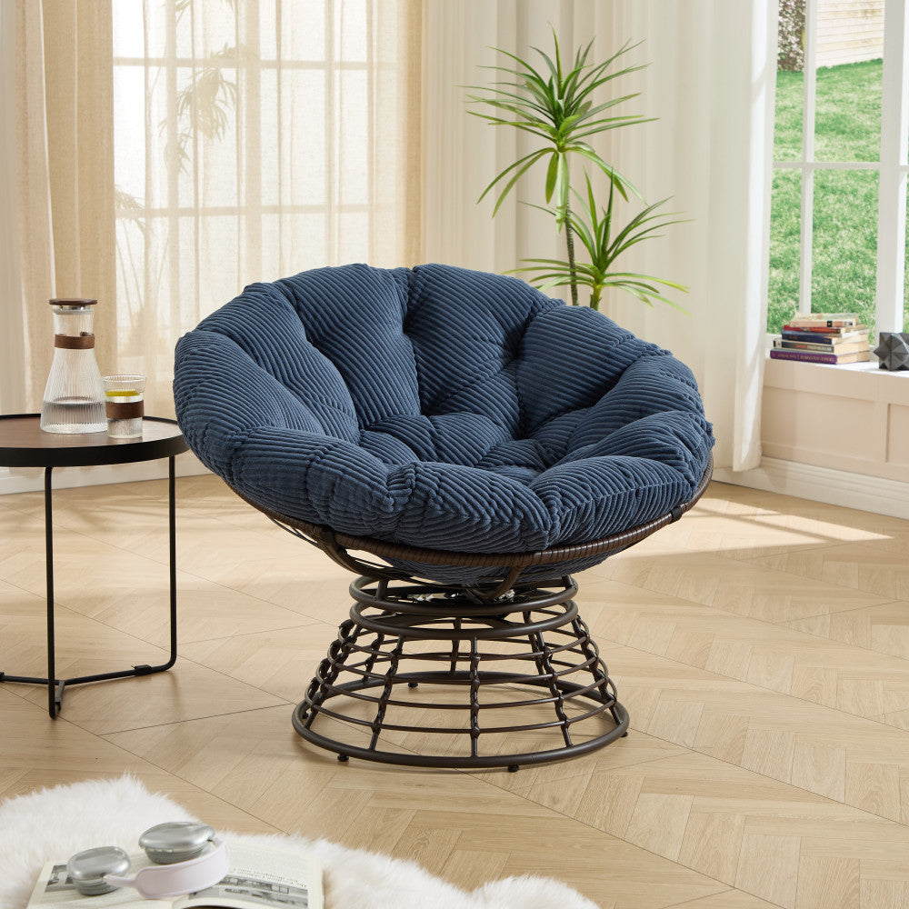Comfortable Ergonomic Wicker Papasan Chair, 360° Swivel Indoor Outdoor Rattan Chair with Soft Thick Cushion, Ideal for Living Room, Bedroom, Reading Room, Brown Frame with Pink Cushion