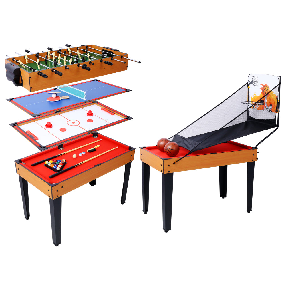 5-in-1 Multi-Game Table - Billiards, Push Hockey, Foosball, Ping Pong, and Basketball  brown/red