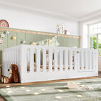 Queen Size Floor Bed with High Fence for Kids, Solid Wood Kids Montessori Bed with Door, low-profile and No Box Spring Needed Design, White.(Patent Protection)
