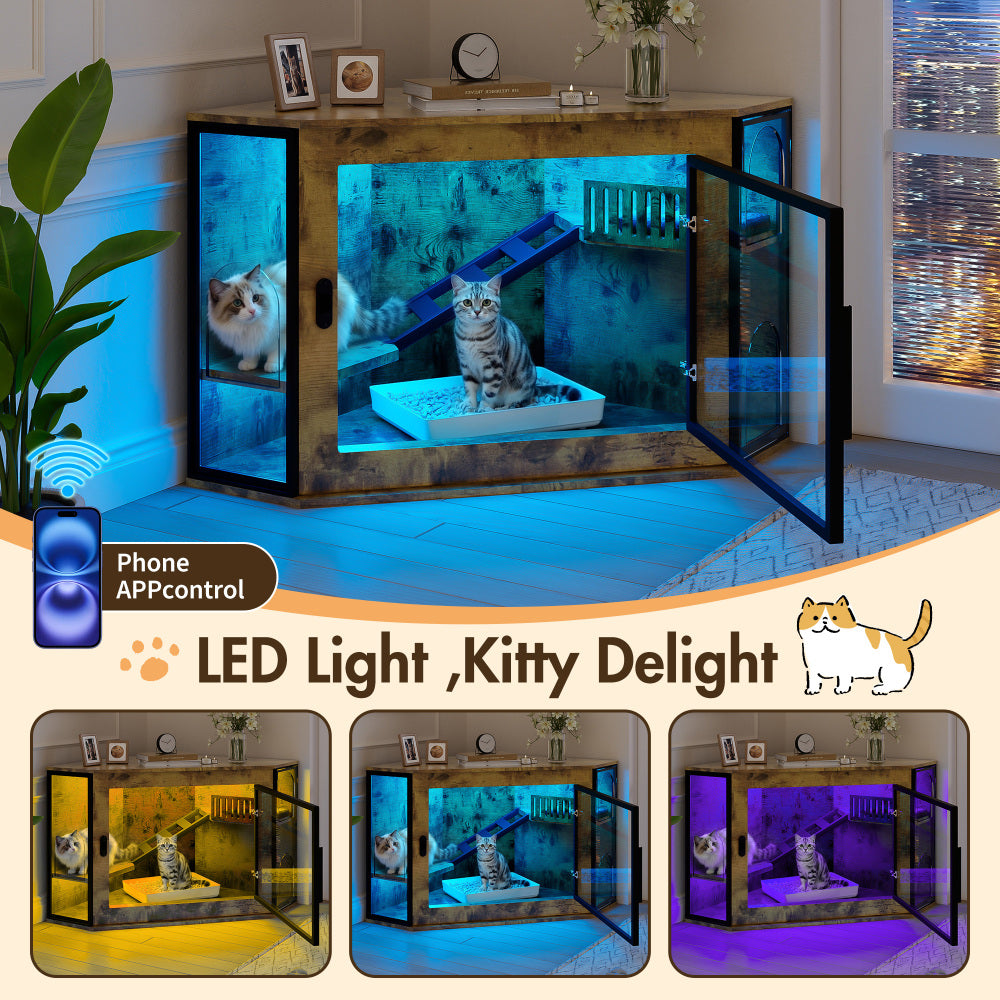 48" Corner Cat Litter Box Enclosure, Modern Hidden Litter Box Corner Cabinet with Acrylic Door and LED Light, Cat House with Playground and Stairs, Tiger