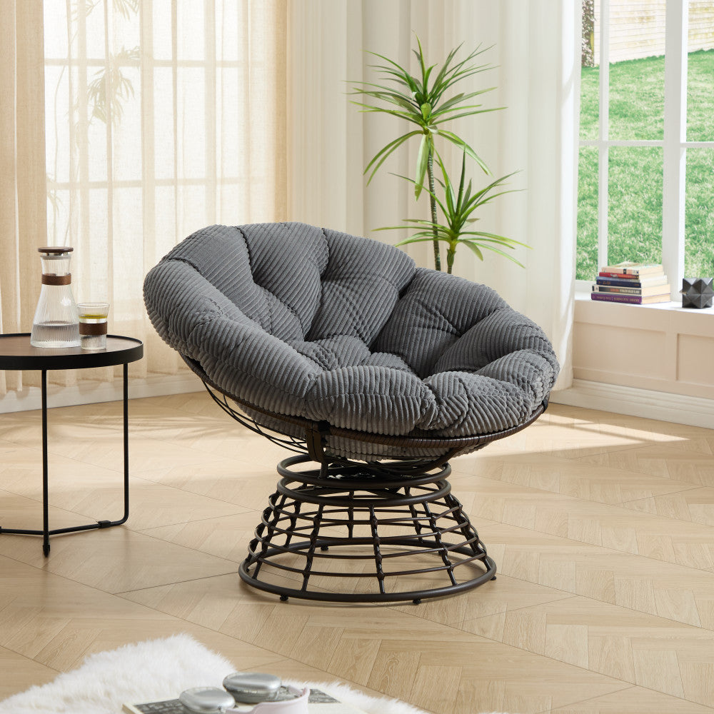 Comfortable Ergonomic Wicker Papasan Chair, 360° Swivel Indoor Outdoor Rattan Chair with Soft Thick Cushion, Ideal for Living Room, Bedroom, Reading Room, Brown Frame with Pink Cushion