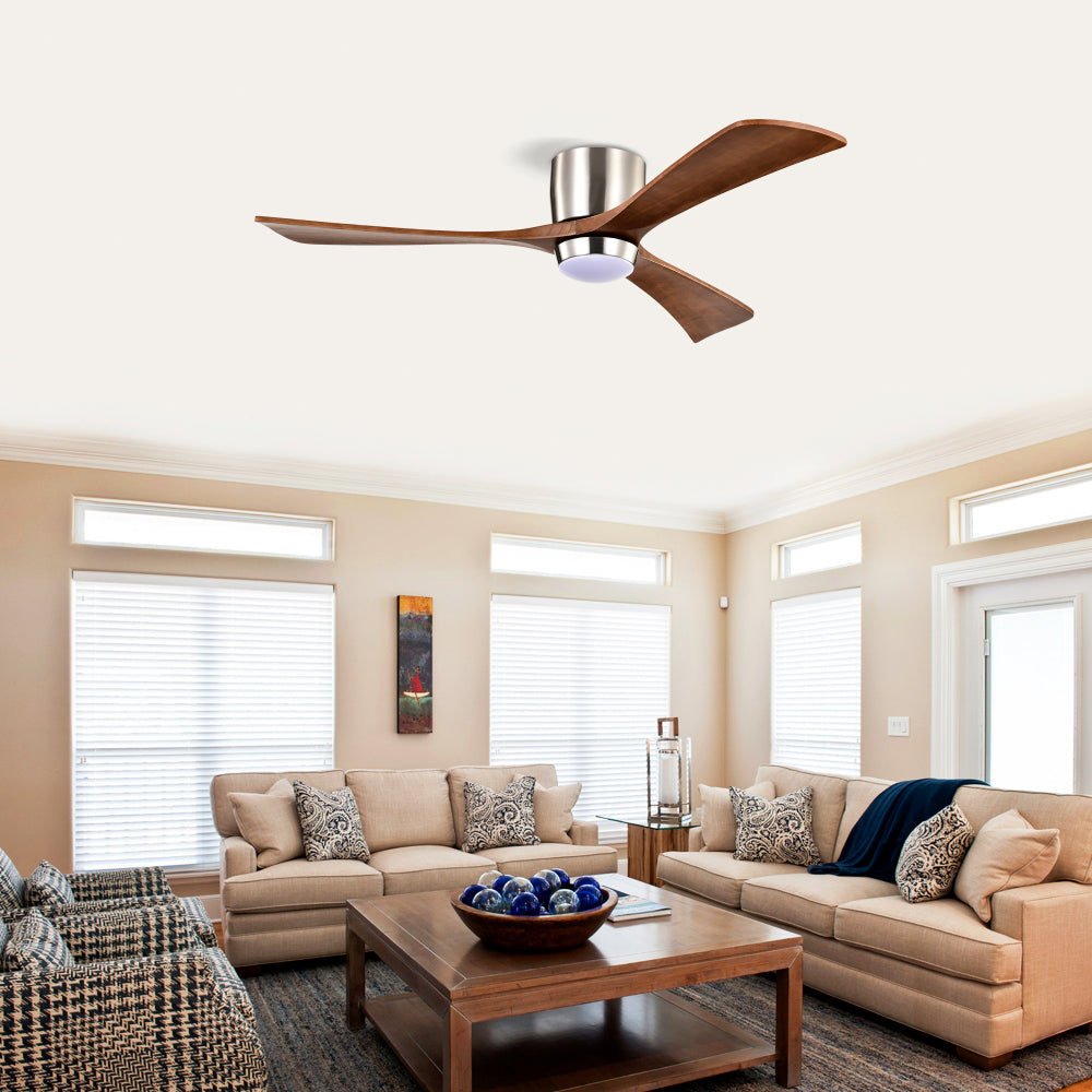 52" Flush Mount Solid Wood Blades Ceiling Fan with Lights Remote Control,Quiet DC Motor, 6 Speed ,Reversible Ceiling Fan for Patio Living Room, Bedroom, Office,Indoor.(Matte White +Natural)