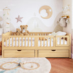 Twin Platform Bed with Full-length Guardrails, Kids Platform Bed with Storage Drawers, Childlike and Cute Headboard Design, Pink