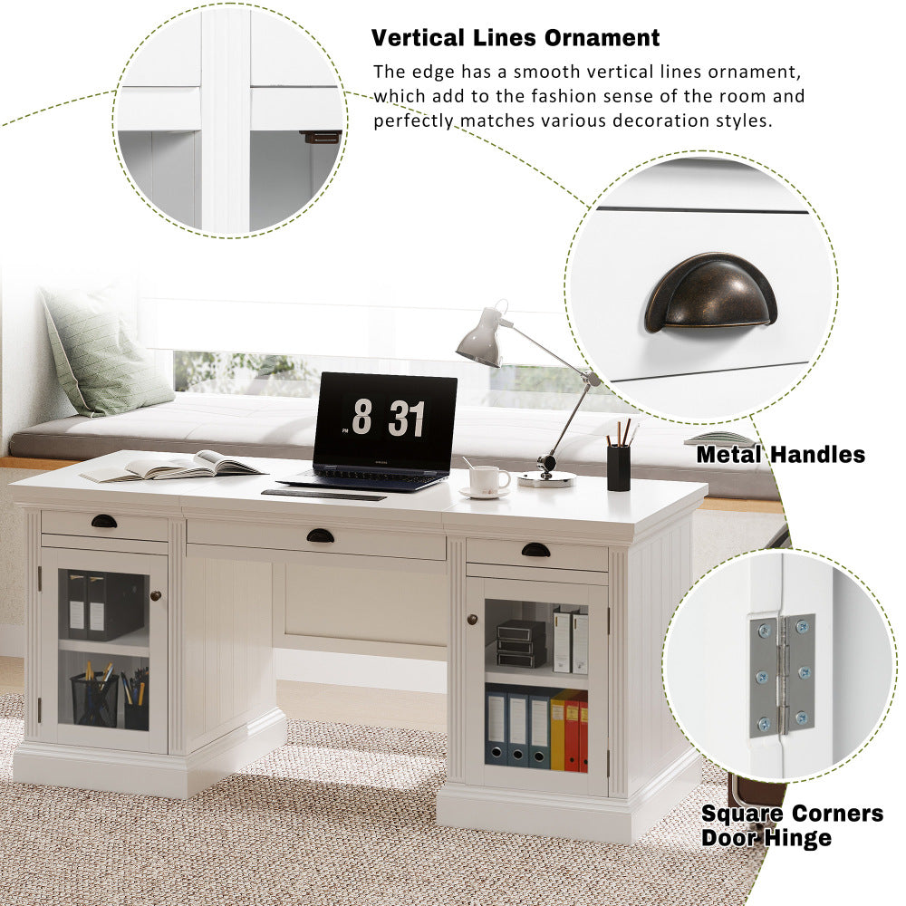 67" Modern Executive Desk,Computer Desk with 2 Glass Doors Storage Cabinet and 3 Drawers, Rectangle Home Office Desk  ,Reading Desk,Writing Table,Workstation for Home Office,Living Room,Study,White