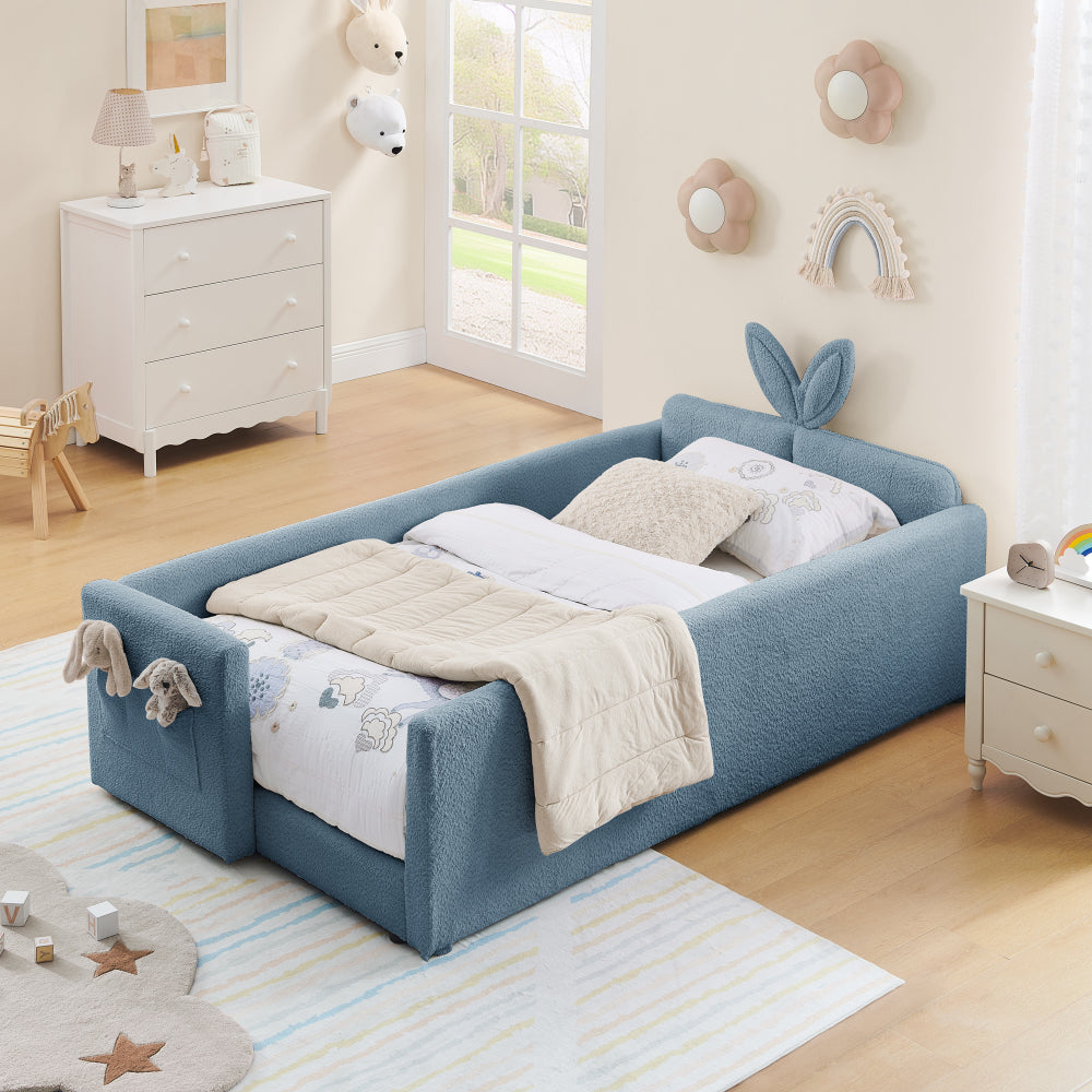 Twin Size Upholstered Platform Bed with Cute Rabbit Ear Shaped Headboard, with Safety Rail and Pocket, Boucle Fabric