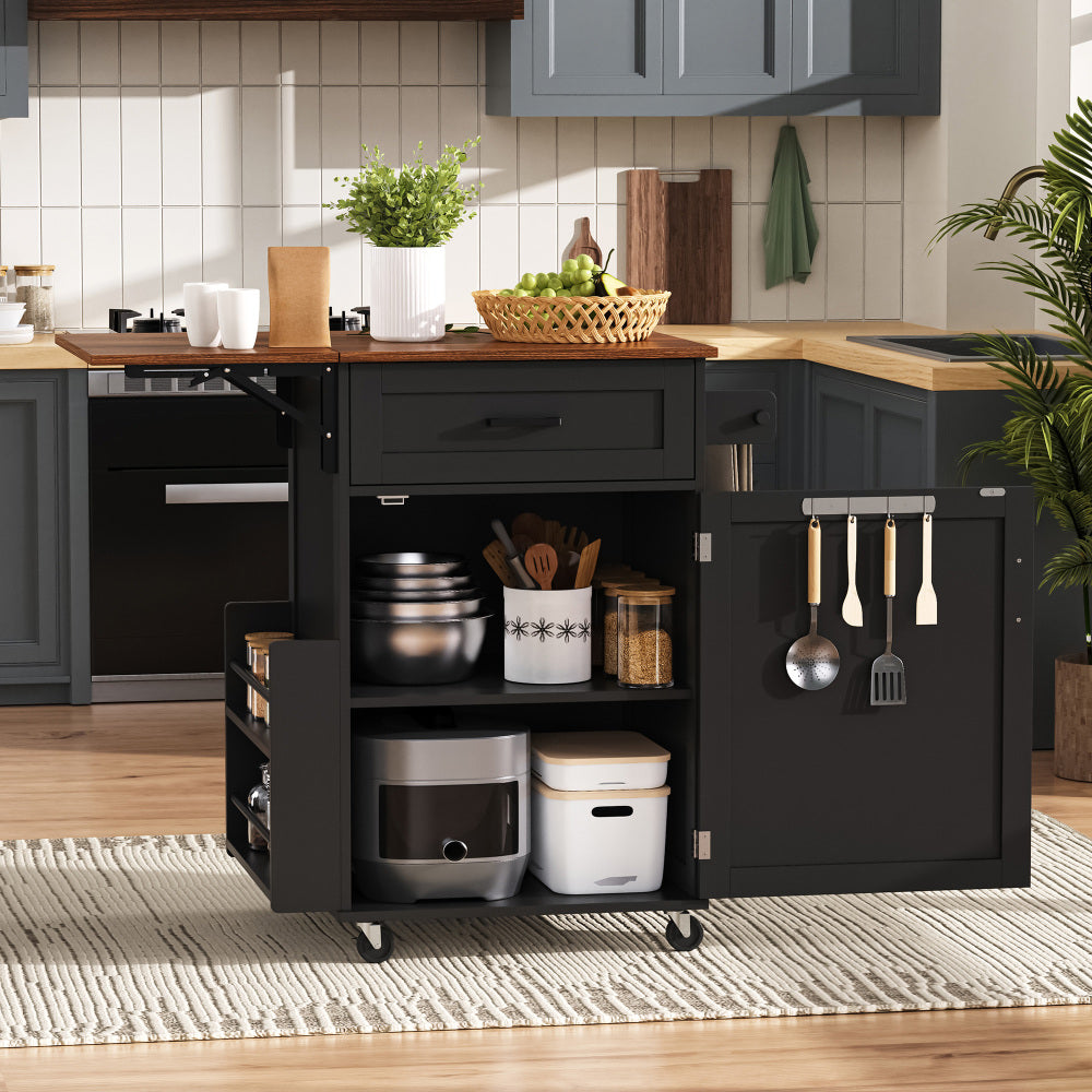 K&K 39.3" Farmhouse Kitchen Island with Drop Leaf, Kitchen Storage Island with Open Side Rack, One Drawer, Towel Rack, Rolling Kitchen Cart with Lockable Wheels for Lawn Garden, Black